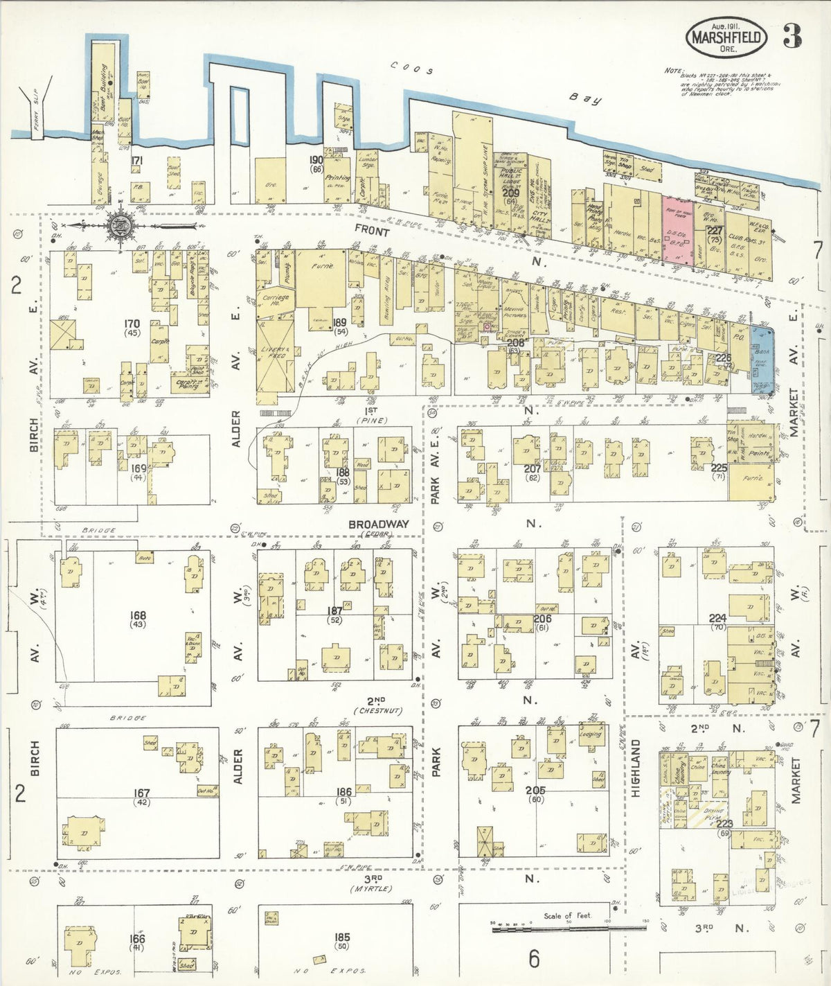 Sanborn Fire Insurance Map from Marshfield, Coos County, Oregon (1911), Sheet #0003 - Historic Sanborn Fire Insurance Map Print, vintage old map wall art, antique decor, genealogy gift, Oregon Oregon map