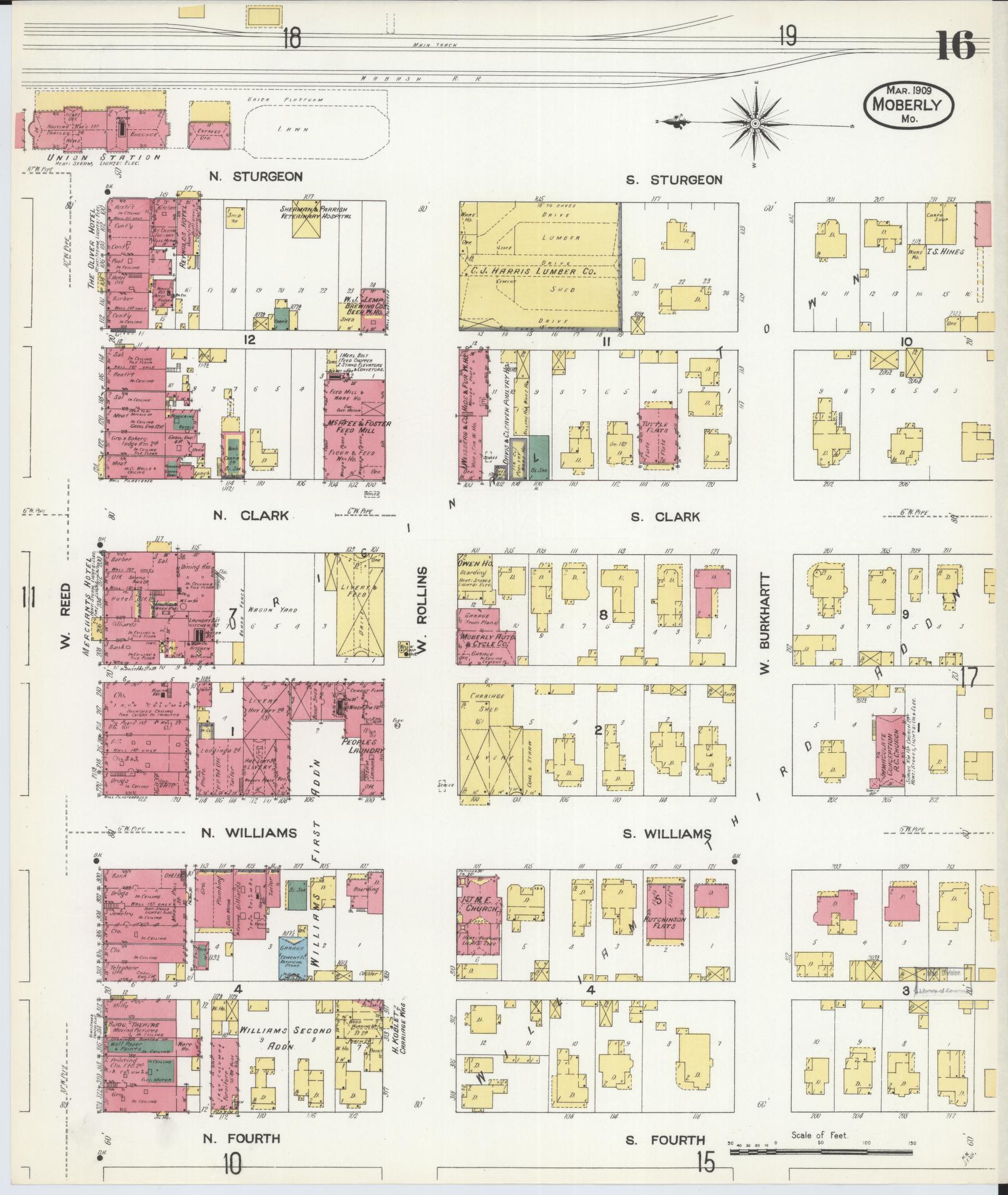 Sanborn Fire Insurance Map from Moberly, Randolph County, Missouri (1909), Sheet #0016 - Historic Sanborn Fire Insurance Map Print, vintage old map wall art, antique decor, genealogy gift, Missouri Missouri map