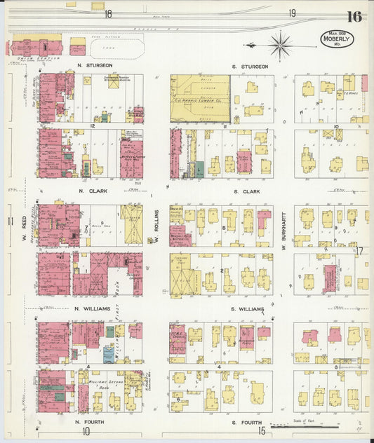 Sanborn Fire Insurance Map from Moberly, Randolph County, Missouri (1909), Sheet #0016 - Historic Sanborn Fire Insurance Map Print, vintage old map wall art, antique decor, genealogy gift, Missouri Missouri map