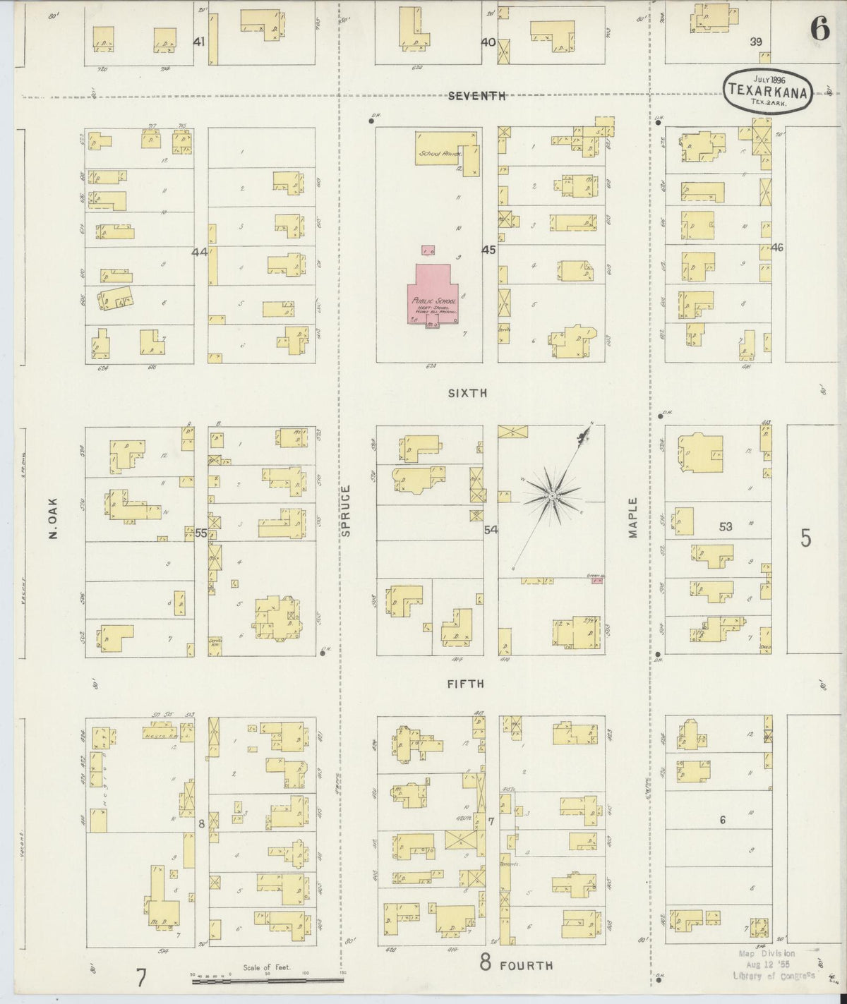 Sanborn Fire Insurance Map from Texarkana, Bowie County, Texas (1896), Sheet #0006 - Complete Map Set gallery image, historic Sanborn map, vintage wall art, Texas Texas
