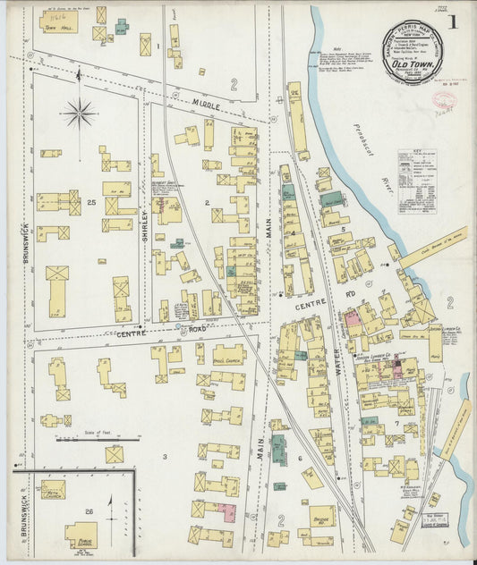 Sanborn Fire Insurance Map from Old Town, Penobscot County, Maine (1895), Sheet #0001 - Historic Sanborn Fire Insurance Map Print, vintage old map wall art, antique decor, genealogy gift, Maine Maine map