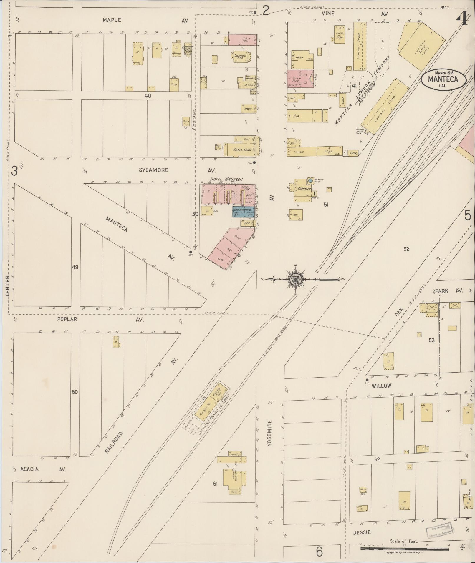 Sanborn Fire Insurance Map from Manteca, San Joaquin County, California (1918), Sheet #0004 - Historic Sanborn Fire Insurance Map Print, vintage old map wall art, antique decor, genealogy gift, California California map