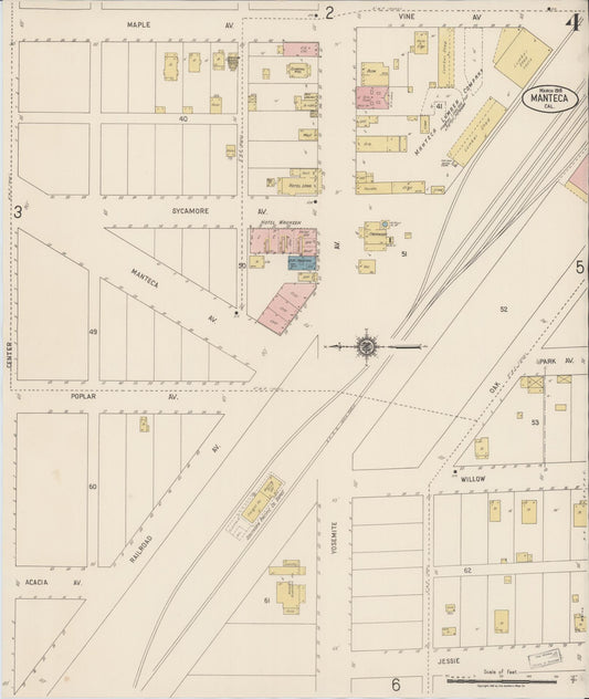 Sanborn Fire Insurance Map from Manteca, San Joaquin County, California (1918), Sheet #0004 - Historic Sanborn Fire Insurance Map Print, vintage old map wall art, antique decor, genealogy gift, California California map
