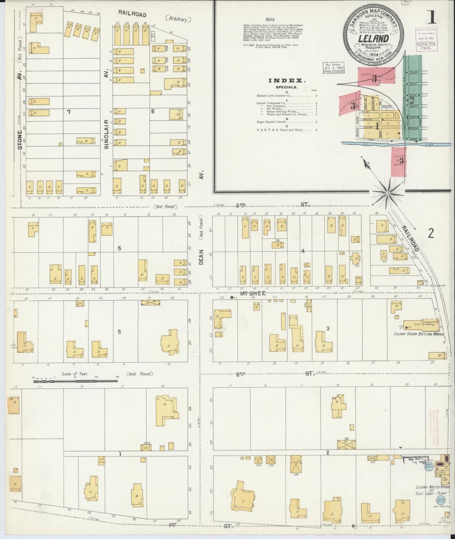 Sanborn Fire Insurance Map from Leland, Washington County, Mississippi (1904), Sheet #0001 - Historic Sanborn Fire Insurance Map Print, vintage old map wall art, antique decor, genealogy gift, Mississippi Mississippi map