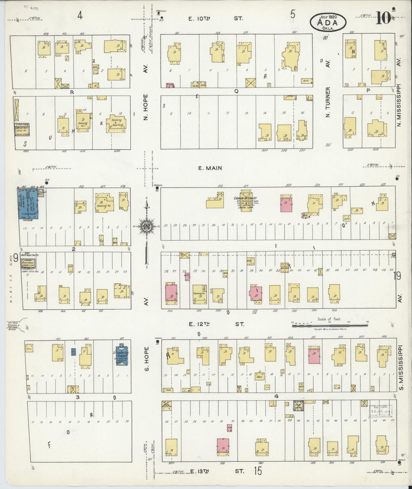 Sanborn Fire Insurance Map from Ada, Pontotoc County, Oklahoma (1920), Sheet #0010 - Complete Map Set gallery image, historic Sanborn map, vintage wall art, Oklahoma Oklahoma