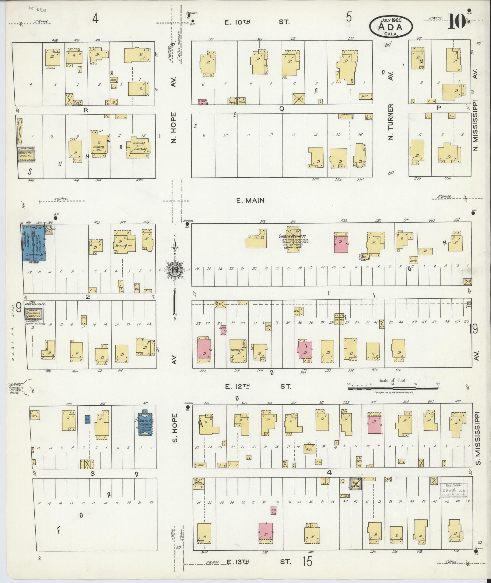Sanborn Fire Insurance Map from Ada, Pontotoc County, Oklahoma (1920), Sheet #0010 - Complete Map Set gallery image, historic Sanborn map, vintage wall art, Oklahoma Oklahoma