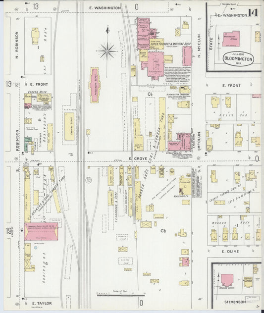 Sanborn Fire Insurance Map from Bloomington, McLean County, Illinois (1896), Sheet #0014 - Historic Sanborn Fire Insurance Map Print, vintage old map wall art, antique decor, genealogy gift, Illinois Illinois map