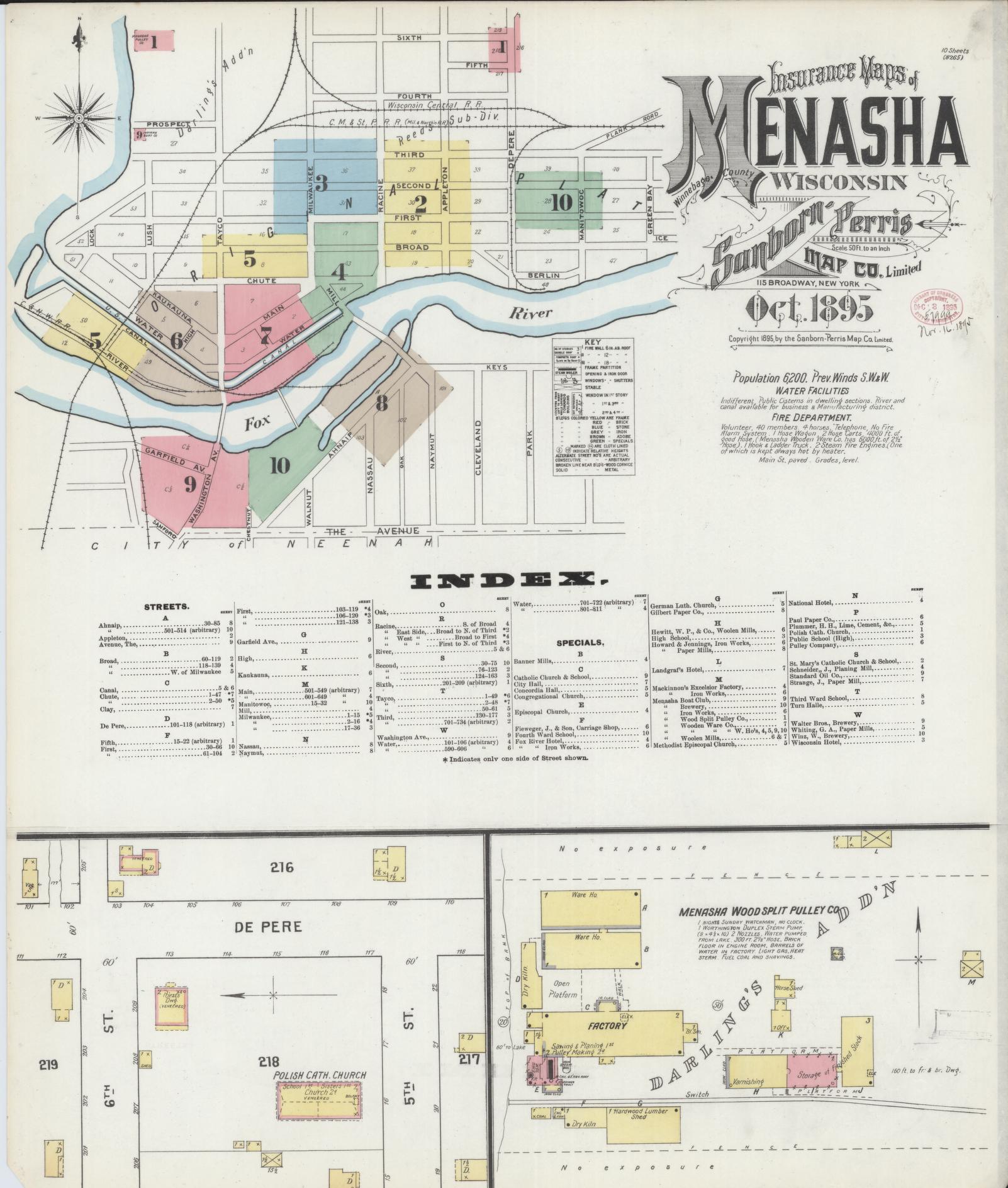 Sanborn Fire Insurance Map from Menasha, Winnebago County, Wisconsin (1895), Sheet #0001 - Complete Map Set gallery image, historic Sanborn map, vintage wall art, Wisconsin Wisconsin