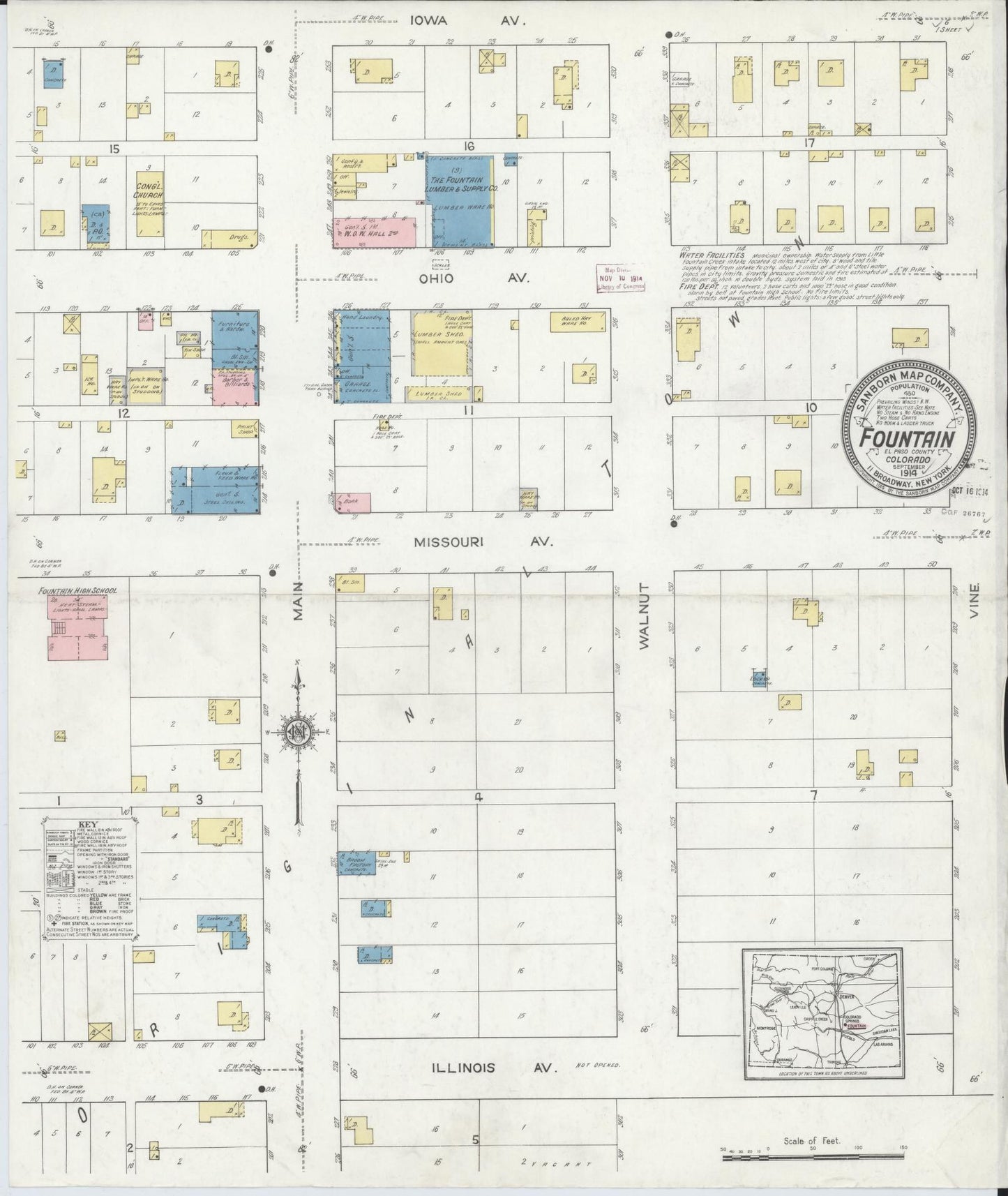 Sanborn Fire Insurance Map from Fountain, El Paso County, Colorado (1914), Sheet #0001 - Historic Sanborn Fire Insurance Map Print, vintage old map wall art, antique decor, genealogy gift, Colorado Colorado map