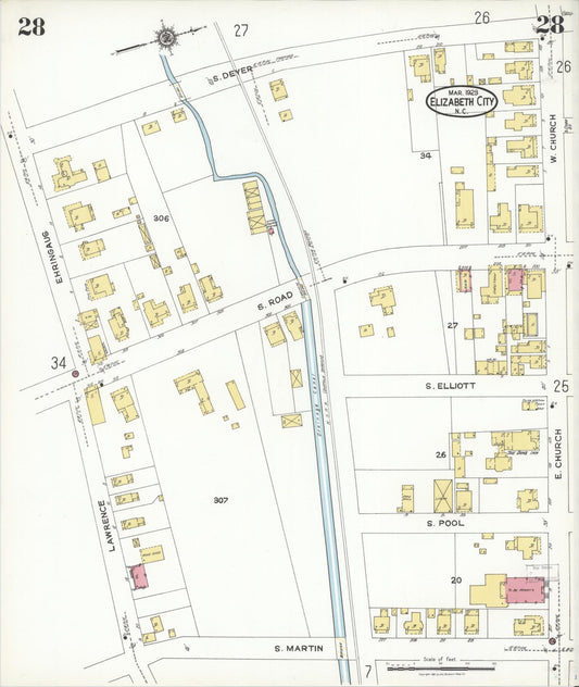 Sanborn Fire Insurance Map from Elizabeth City, Pasquotank County, North Carolina (1923), Sheet #0028 - Historic Sanborn Fire Insurance Map Print, vintage old map wall art, antique decor, genealogy gift, North Carolina North Carolina map