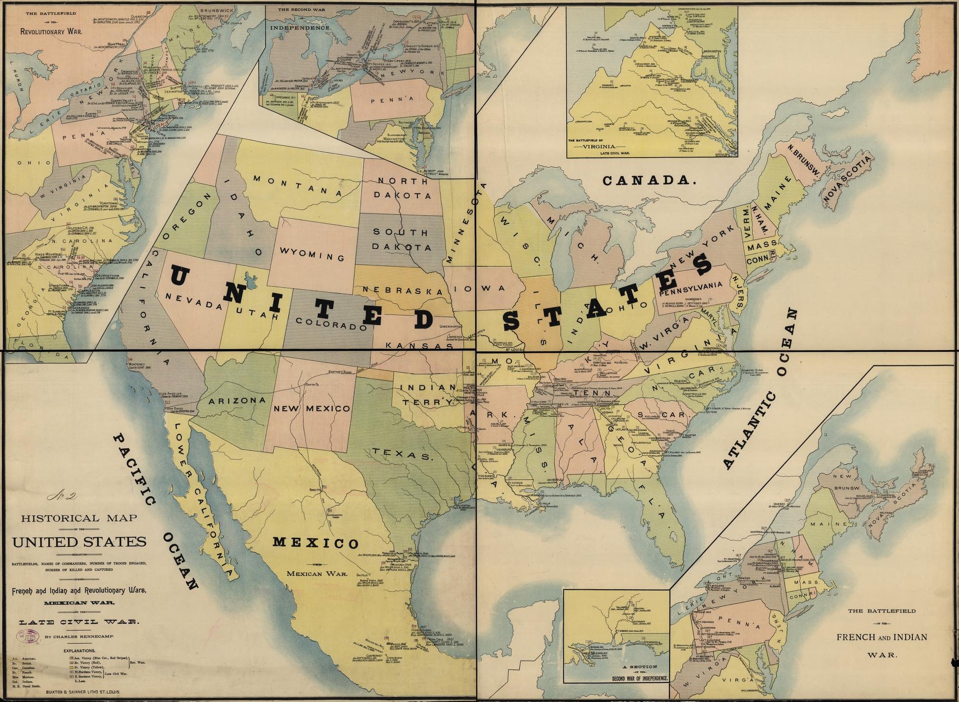 Historical map of the United States indicating battlefields, names of commanders, number of troops engaged, number of killed and captured during French and Indian and Revolutionary wars, Mexican War, and the late Civil War Civil War Map (1890) - Historic 