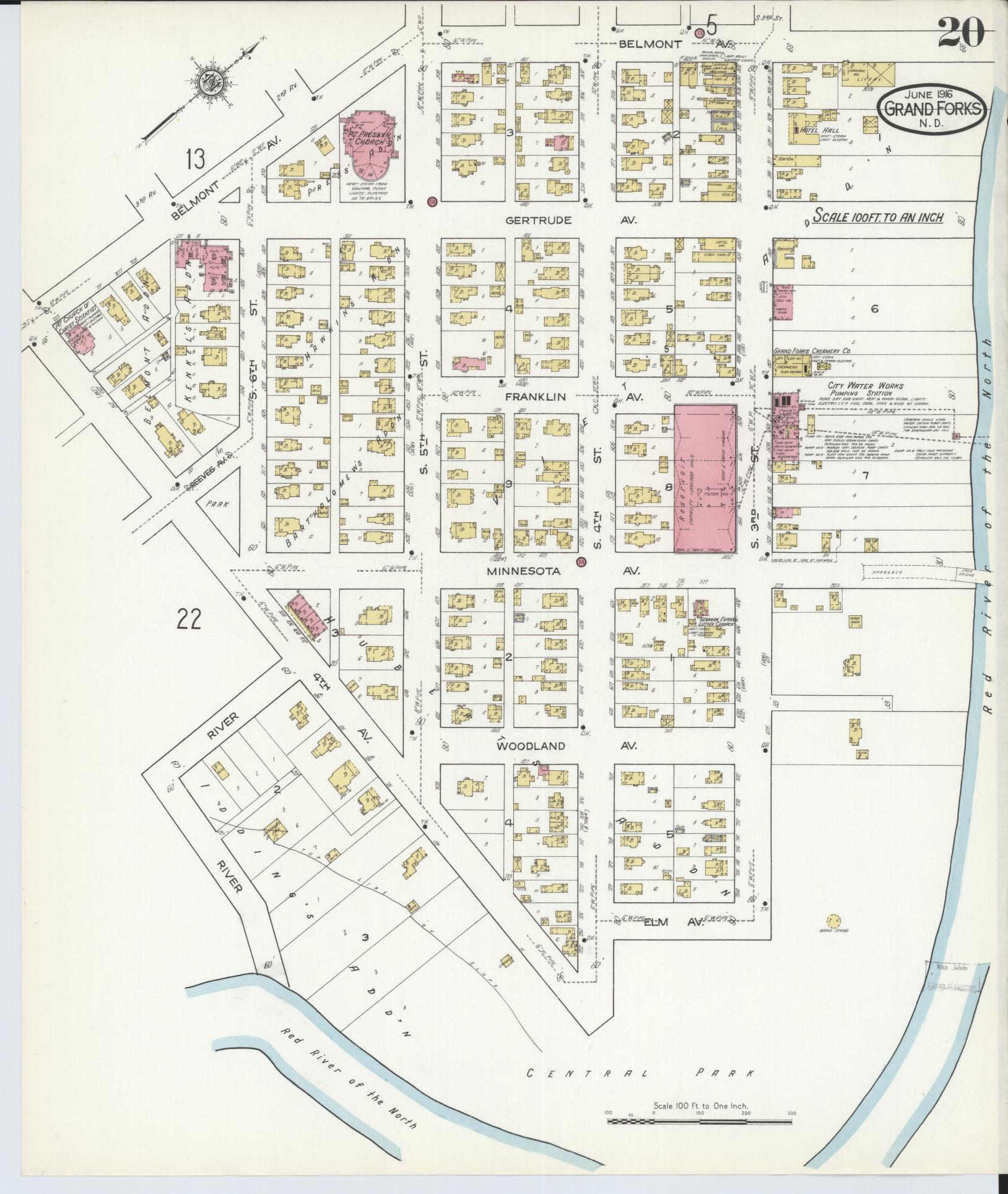 Sanborn Fire Insurance Map from Grand Forks, Grand Forks County, North Dakota (1916), Sheet #0020 - Historic Sanborn Fire Insurance Map Print, vintage old map wall art, antique decor, genealogy gift, North Dakota North Dakota map