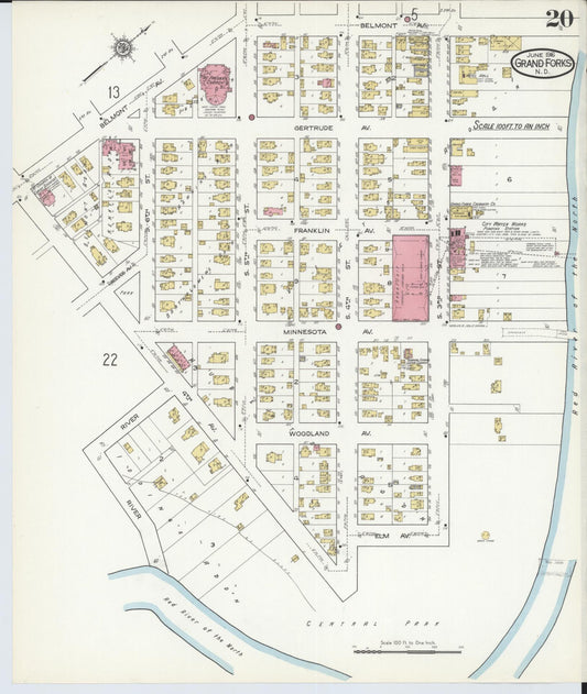 Sanborn Fire Insurance Map from Grand Forks, Grand Forks County, North Dakota (1916), Sheet #0020 - Historic Sanborn Fire Insurance Map Print, vintage old map wall art, antique decor, genealogy gift, North Dakota North Dakota map