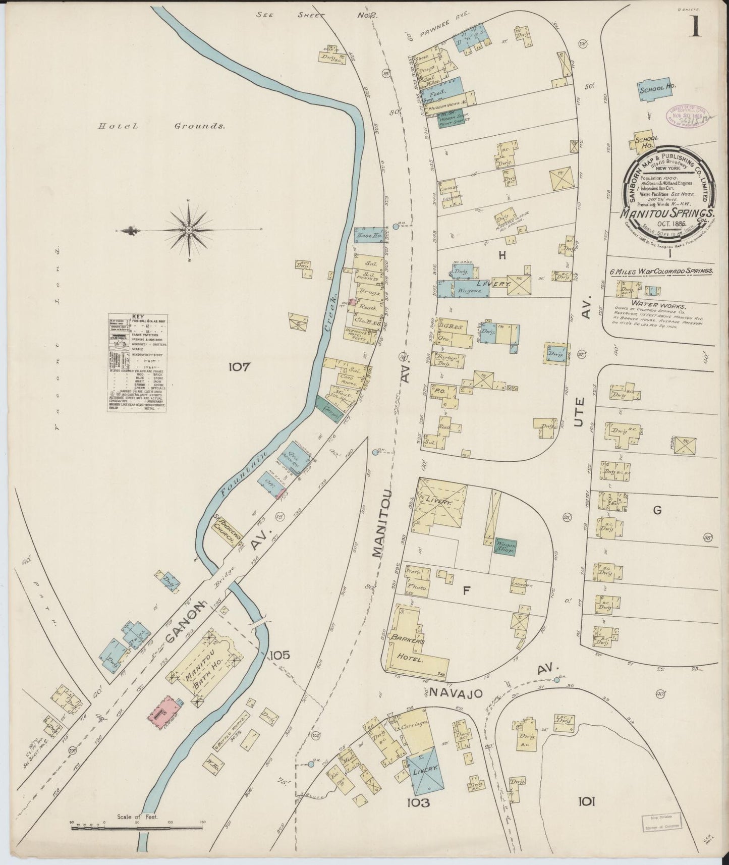 Sanborn Fire Insurance Map from Manitou, El Paso County, Colorado (1886), Sheet #0001 - Complete Map Set gallery image, historic Sanborn map, vintage wall art, Colorado Colorado