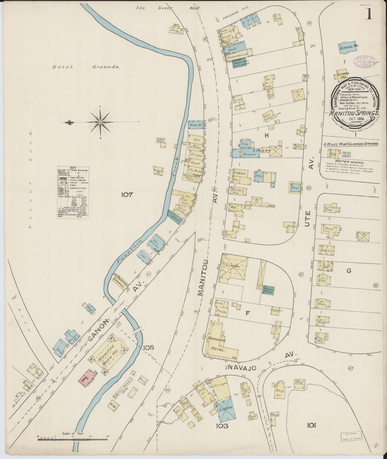 Sanborn Fire Insurance Map from Manitou, El Paso County, Colorado (1886), Sheet #0001 - Complete Map Set gallery image, historic Sanborn map, vintage wall art, Colorado Colorado