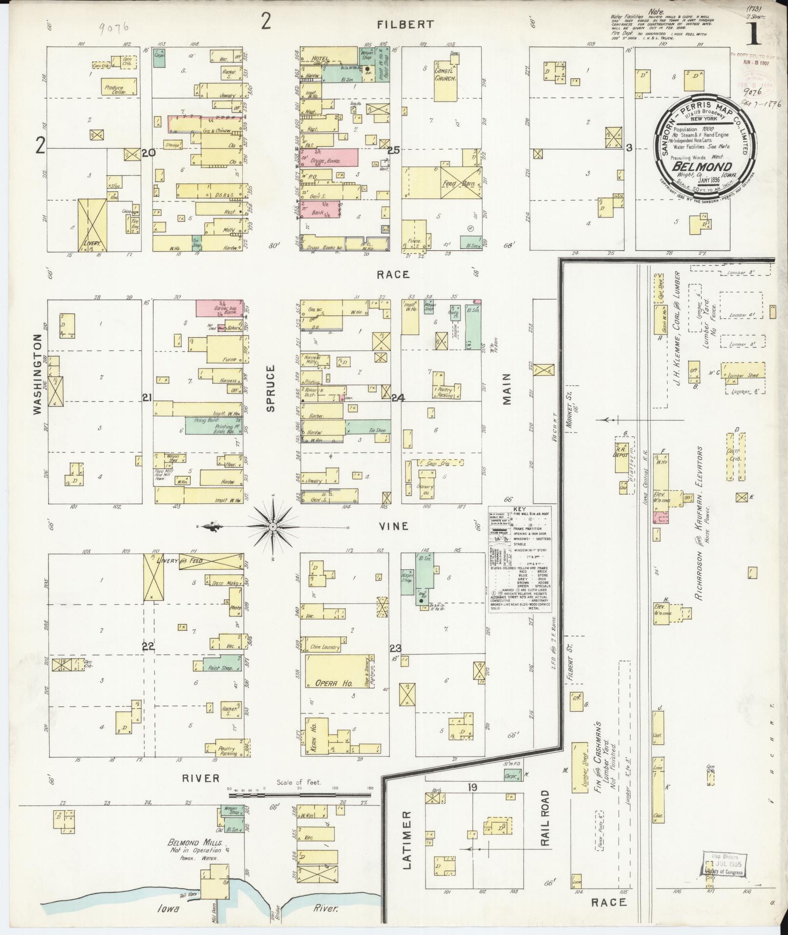 Sanborn Fire Insurance Map from Belmond, Wright County, Iowa (1896), Sheet #0001 - Historic Sanborn Fire Insurance Map Print, vintage old map wall art
