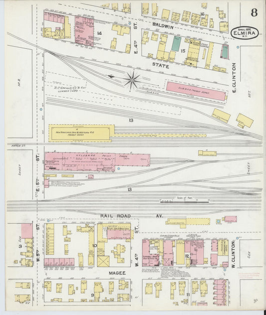 Sanborn Fire Insurance Map from Elmira, Chemung County, New York (1892), Sheet #0008 - Historic Sanborn Fire Insurance Map Print, vintage old map wall art, antique decor, genealogy gift, New York New York map