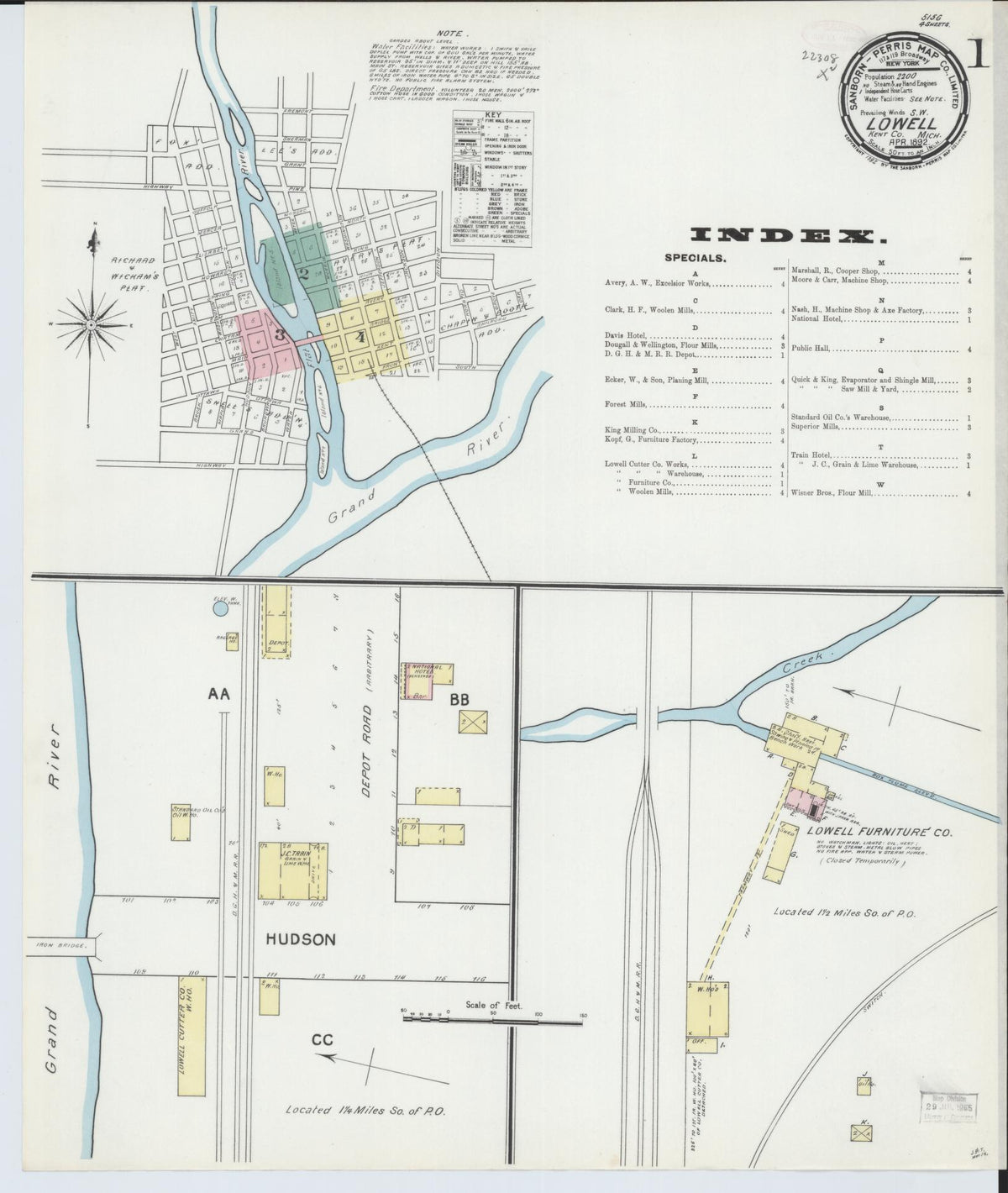Sanborn Fire Insurance Map from Lowell, Kent County, Michigan (1892), Sheet #0001 - Historic Sanborn Fire Insurance Map Print, vintage old map wall art, antique decor, genealogy gift, Michigan Michigan map