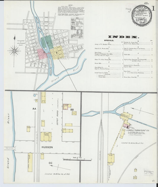 Sanborn Fire Insurance Map from Lowell, Kent County, Michigan (1892), Sheet #0001 - Historic Sanborn Fire Insurance Map Print, vintage old map wall art, antique decor, genealogy gift, Michigan Michigan map