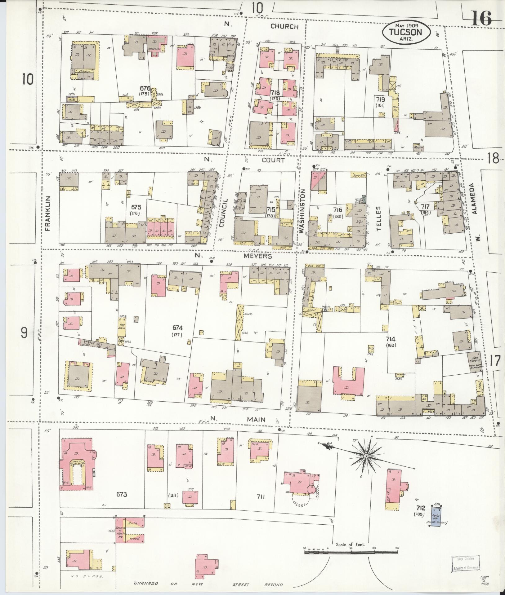 Sanborn Fire Insurance Map from Tucson, Pima County, Arizona (1909), Sheet #0016 - Historic Sanborn Fire Insurance Map Print, vintage old map wall art, antique decor, genealogy gift, Arizona Arizona map