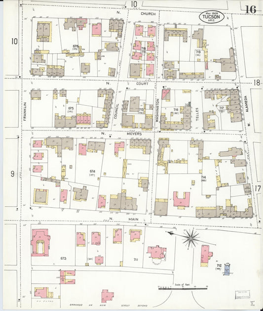 Sanborn Fire Insurance Map from Tucson, Pima County, Arizona (1909), Sheet #0016 - Historic Sanborn Fire Insurance Map Print, vintage old map wall art, antique decor, genealogy gift, Arizona Arizona map