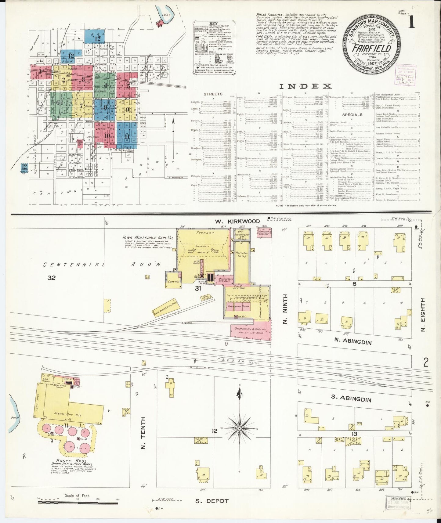 Sanborn Fire Insurance Map from Fairfield, Jefferson County, Iowa (1907), Sheet #0001 - Historic Sanborn Fire Insurance Map Print, vintage old map wall art