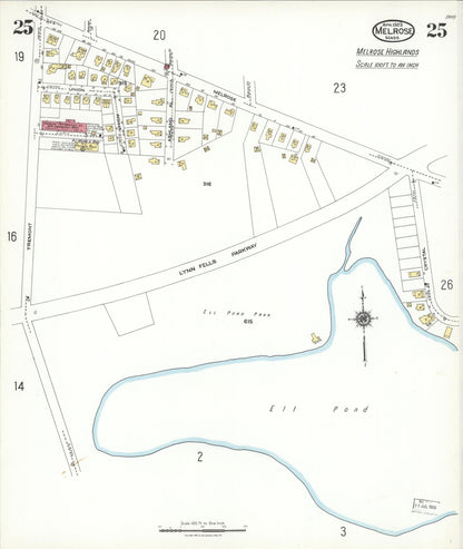 Sanborn Fire Insurance Map from Melrose, Middlesex County, Massachusetts (1923), Sheet #0025 - Historic Sanborn Fire Insurance Map Print, vintage old map wall art, antique decor, genealogy gift, Massachusetts Massachusetts map