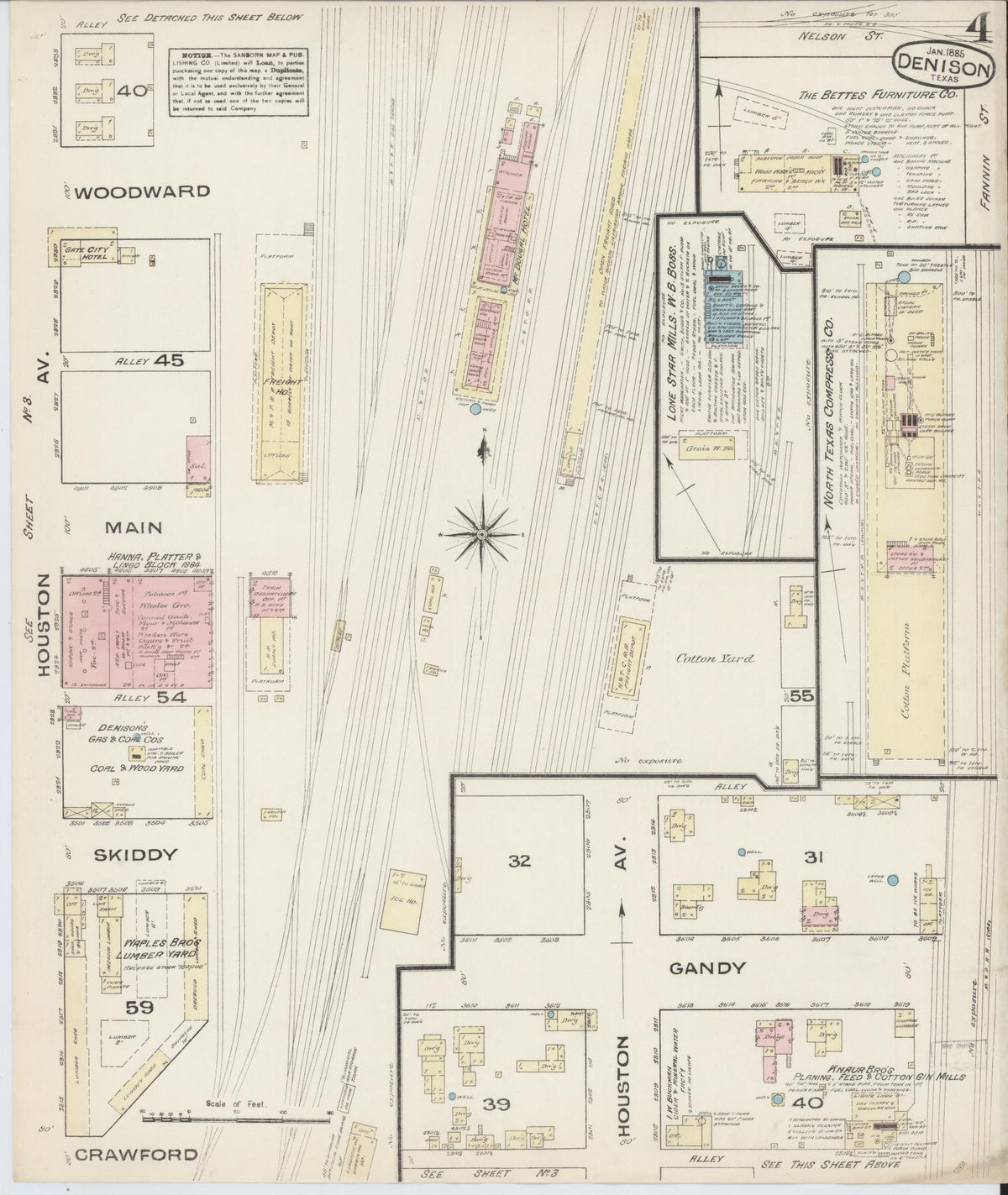 Sanborn Fire Insurance Map from Denison, Grayson County, Texas (1885), Sheet #0004 - Historic Sanborn Fire Insurance Map Print, vintage old map wall art, antique decor, genealogy gift, Texas Texas map