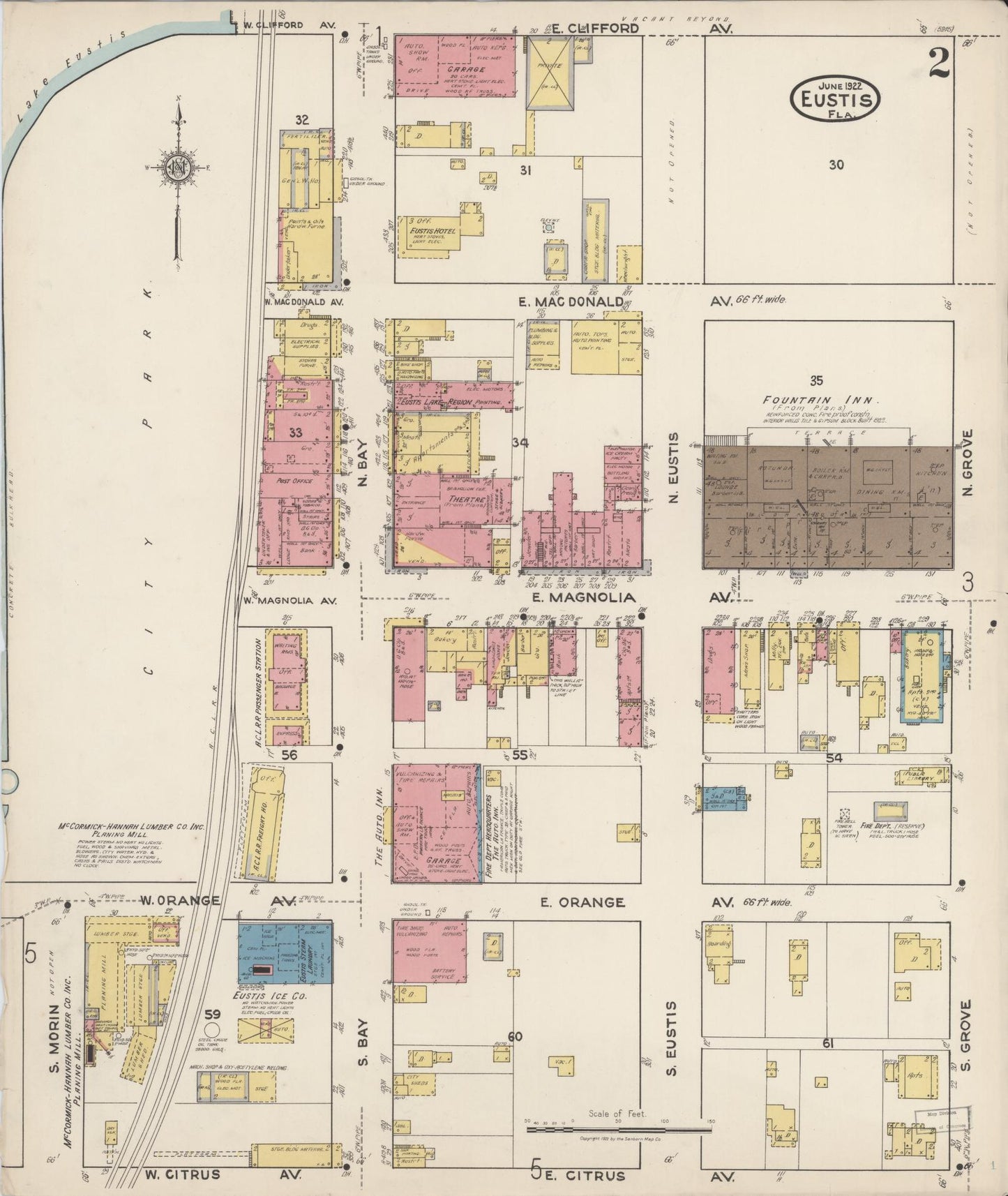 Sanborn Fire Insurance Map from Eustis, Lake County, Florida (1922), Sheet #0002 - Complete Map Set gallery image, historic Sanborn map, vintage wall art, Florida Florida