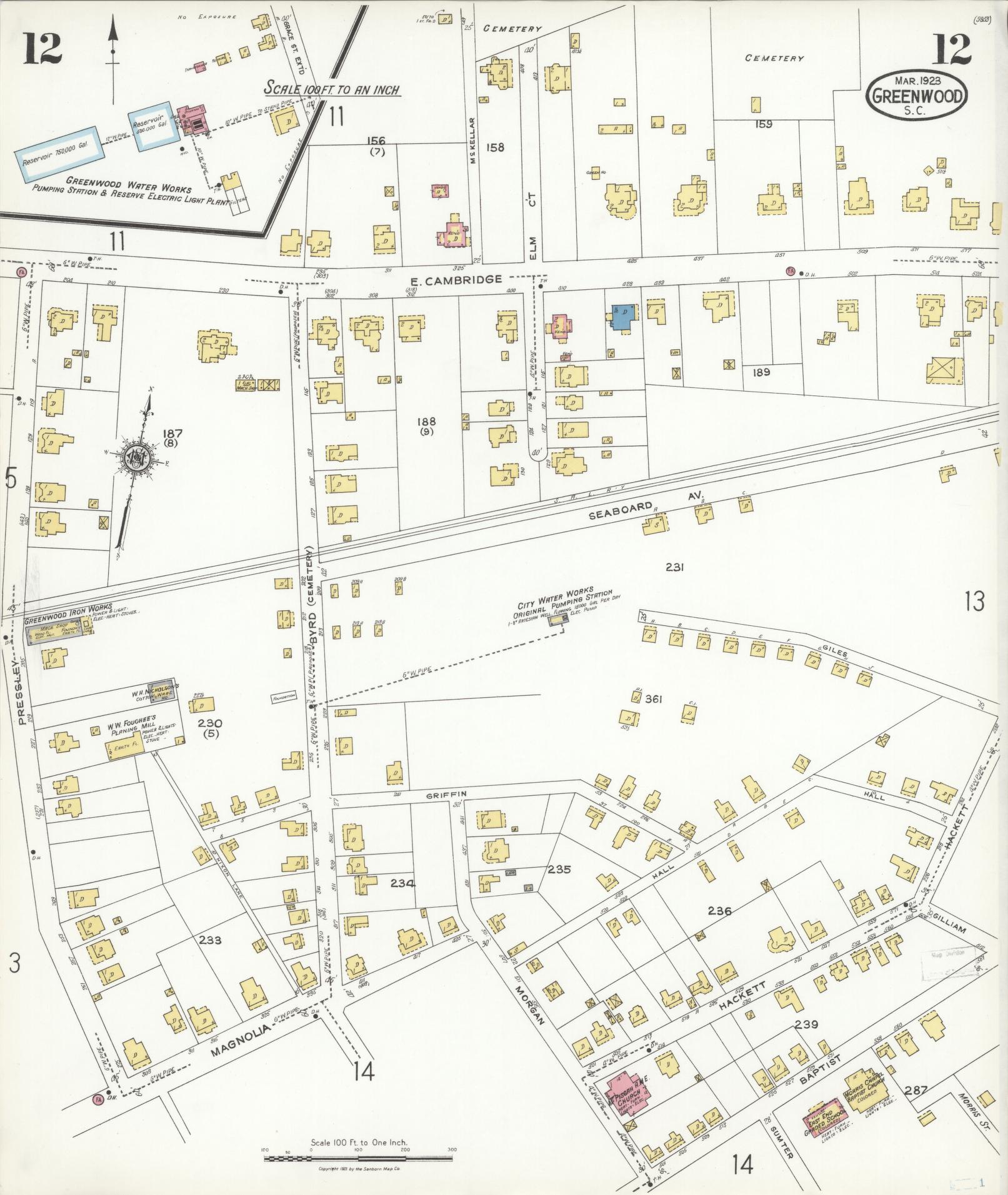 Sanborn Fire Insurance Map from Greenwood, Greenwood County, South Carolina (1923), Sheet #0012 - Historic Sanborn Fire Insurance Map Print, vintage old map wall art, antique decor, genealogy gift, South Carolina South Carolina map