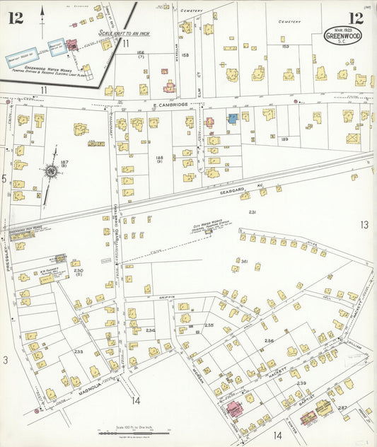 Sanborn Fire Insurance Map from Greenwood, Greenwood County, South Carolina (1923), Sheet #0012 - Historic Sanborn Fire Insurance Map Print, vintage old map wall art, antique decor, genealogy gift, South Carolina South Carolina map