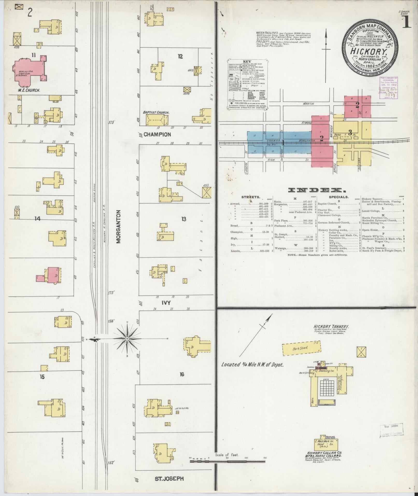 Sanborn Fire Insurance Map from Hickory, Catawba County, North Carolina (1902), Sheet #0001 - Historic Sanborn Fire Insurance Map Print, vintage old map wall art, antique decor, genealogy gift, North Carolina North Carolina map