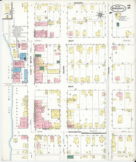 Sanborn Fire Insurance Map from Bonaparte, Van Buren County, Iowa (1909), Sheet #0002 - Historic Sanborn Fire Insurance Map Print, vintage old map wall art