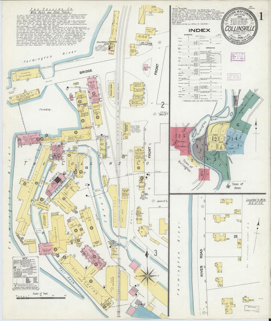 Sanborn Fire Insurance Map from Collinsville, Hartford County, Connecticut (1909), Sheet #0001 - Historic Sanborn Fire Insurance Map Print, vintage old map wall art, antique decor, genealogy gift, Connecticut Connecticut map