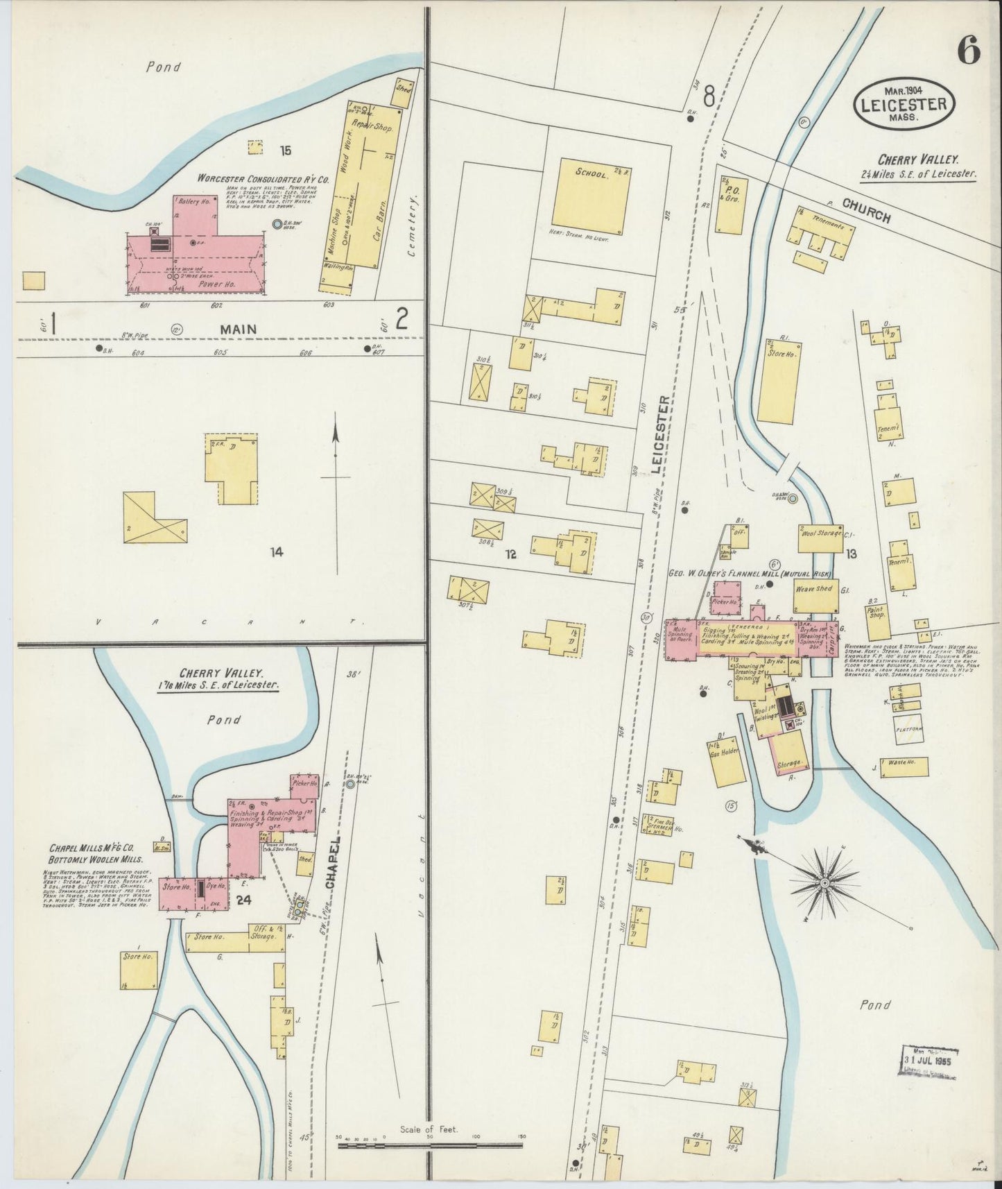 Sanborn Fire Insurance Map from Leicester, Worcester County, Massachusetts (1904), Sheet #0006 - Historic Sanborn Fire Insurance Map Print, vintage old map wall art, antique decor, genealogy gift, Massachusetts Massachusetts map