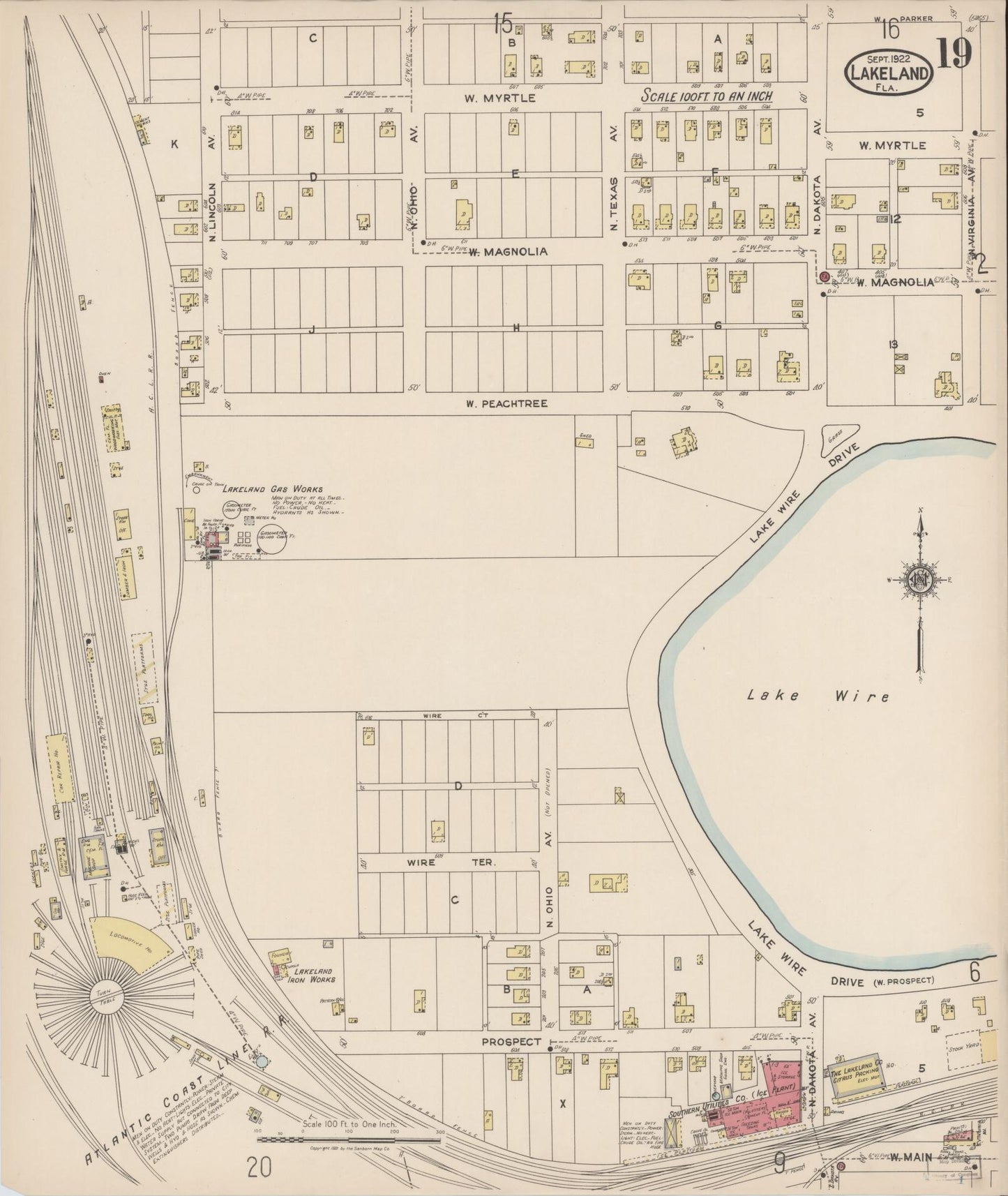 Sanborn Fire Insurance Map from Lakeland, Polk County, Florida (1922), Sheet #0019 - Complete Map Set gallery image, historic Sanborn map, vintage wall art, Florida Florida