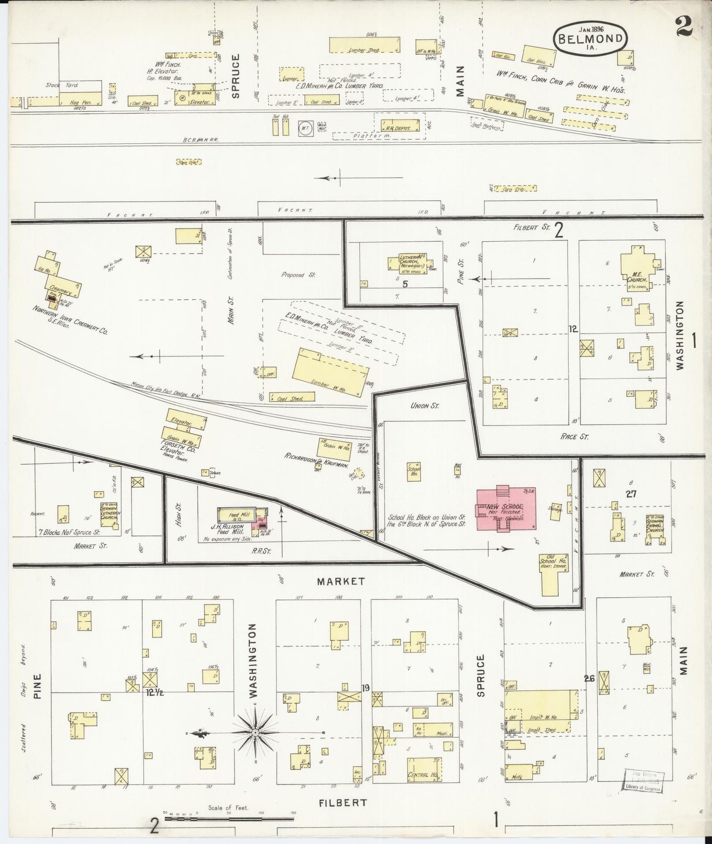 Sanborn Fire Insurance Map from Belmond, Wright County, Iowa (1896), Sheet #0002 - Historic Sanborn Fire Insurance Map Print, vintage old map wall art