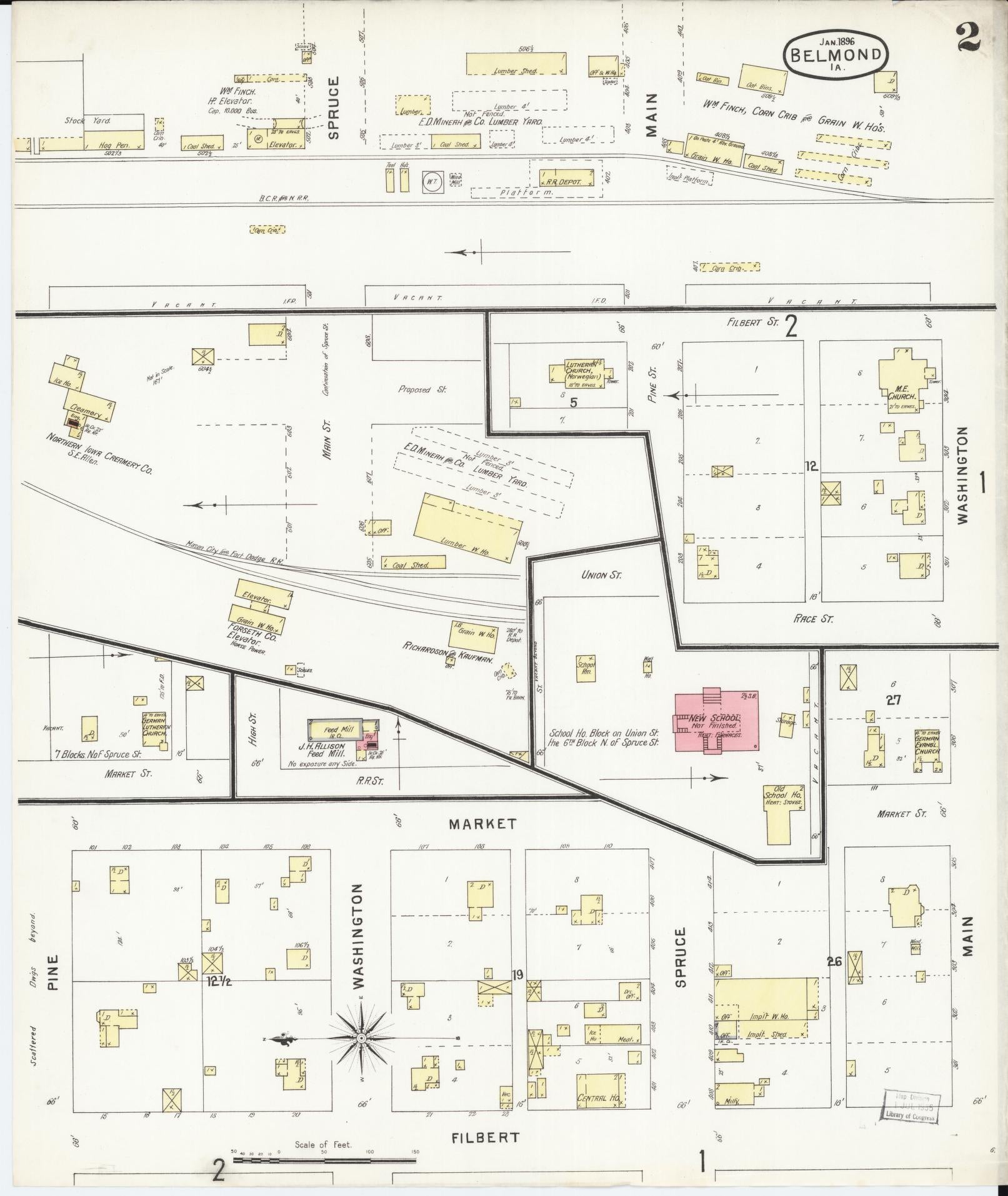 Sanborn Fire Insurance Map from Belmond, Wright County, Iowa (1896), Sheet #0002 - Historic Sanborn Fire Insurance Map Print, vintage old map wall art