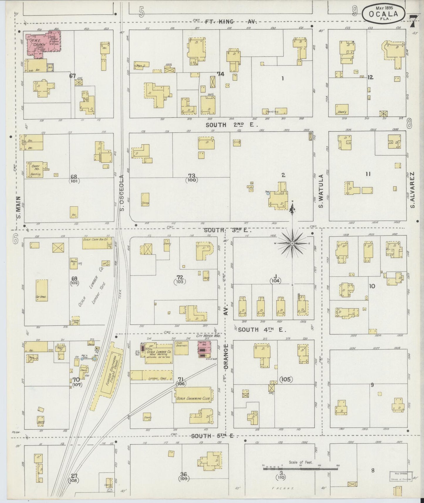 Sanborn Fire Insurance Map from Ocala, Marion County, Florida (1895), Sheet #0007 - Historic Sanborn Fire Insurance Map Print, vintage old map wall art, antique decor, genealogy gift, Florida Florida map