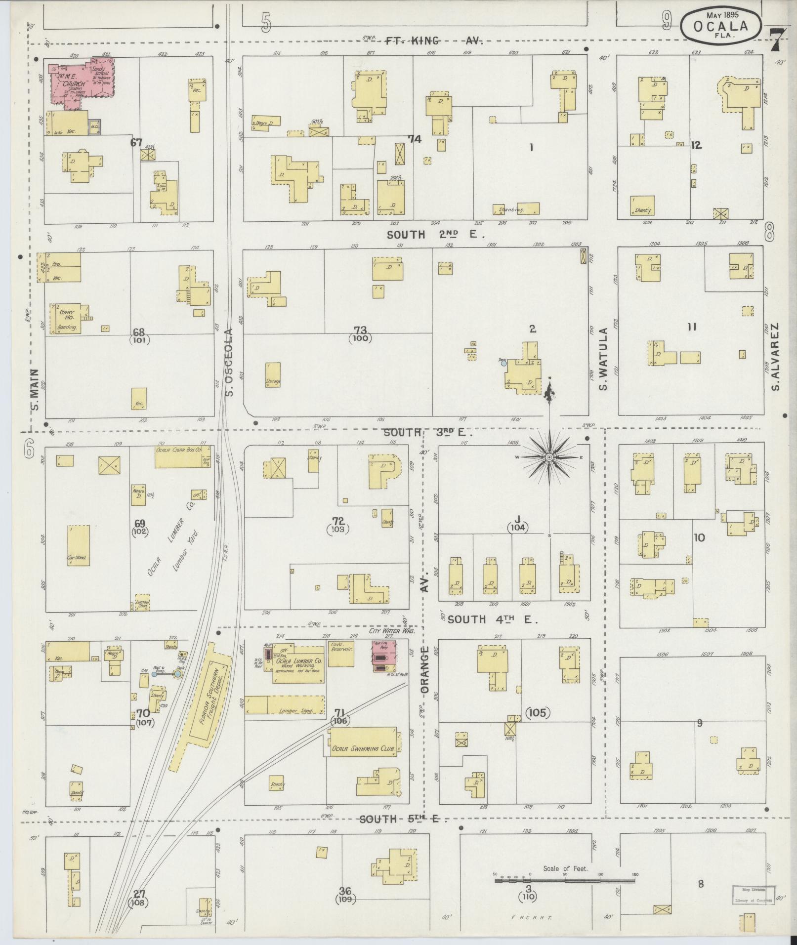 Sanborn Fire Insurance Map from Ocala, Marion County, Florida (1895), Sheet #0007 - Historic Sanborn Fire Insurance Map Print, vintage old map wall art, antique decor, genealogy gift, Florida Florida map