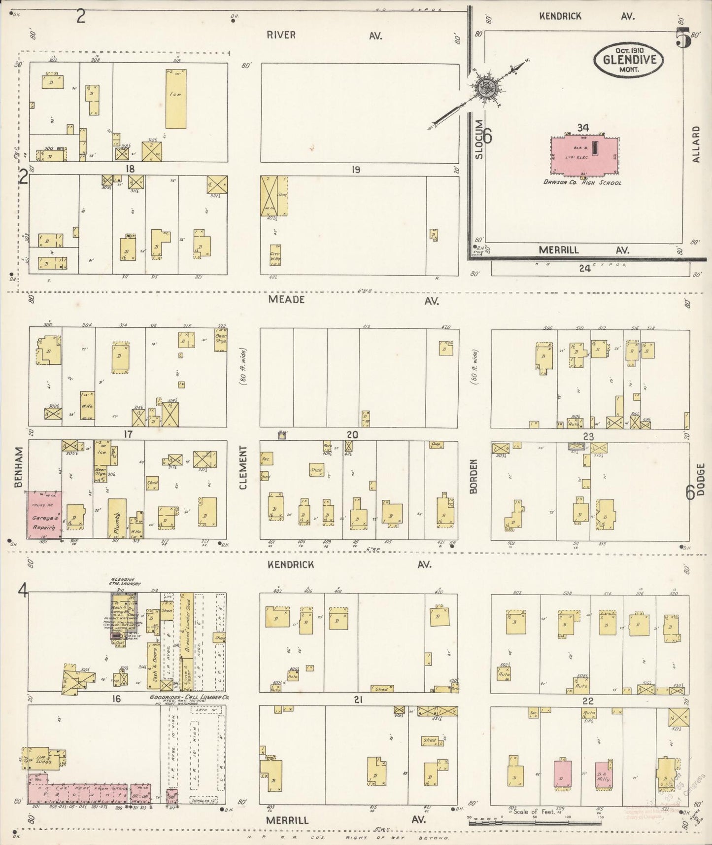 Sanborn Fire Insurance Map from Glendive, Dawson County, Montana (1910), Sheet #0005 - Complete Map Set gallery image, historic Sanborn map, vintage wall art, Montana Montana