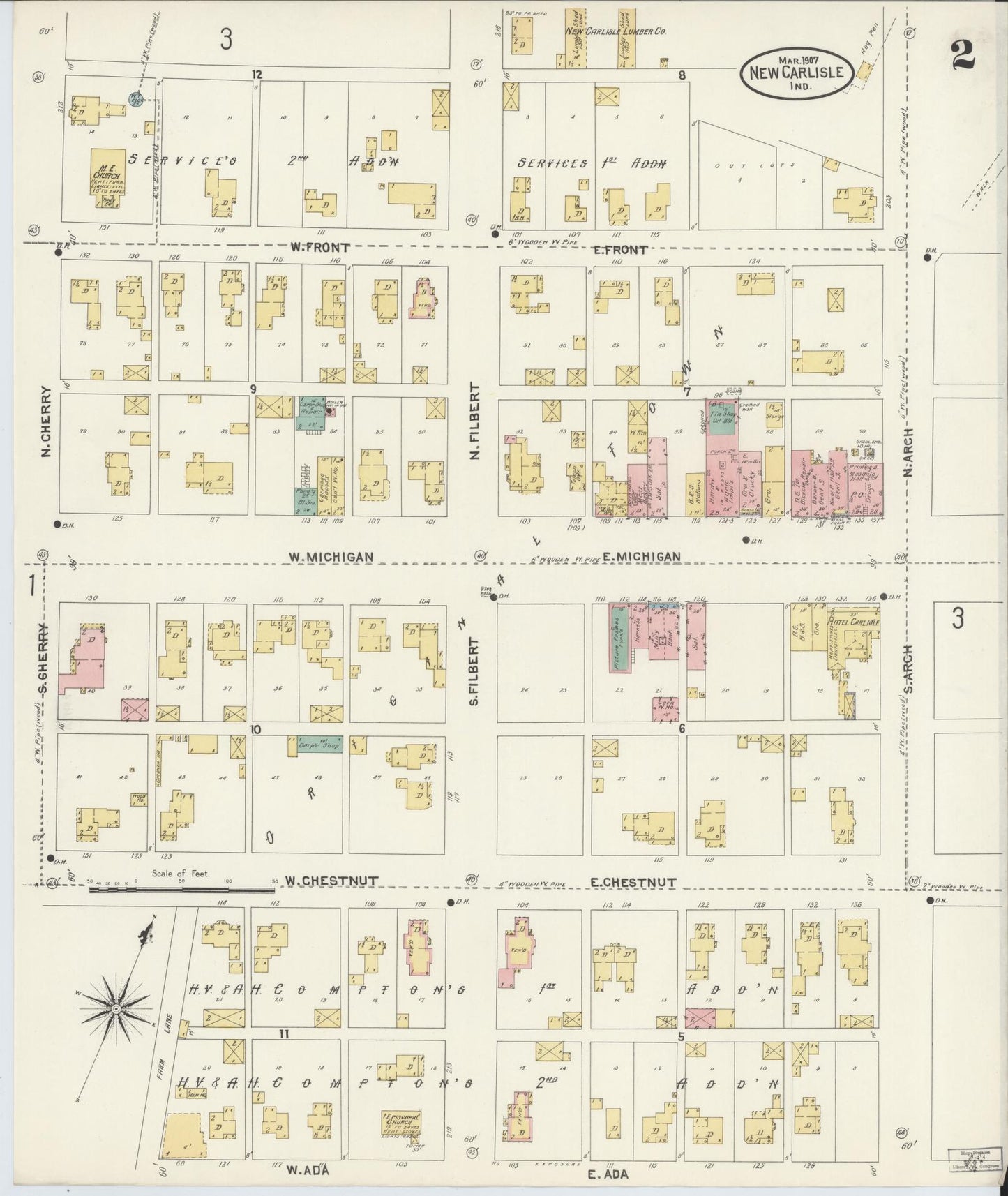 Sanborn Fire Insurance Map from New Carlisle, Saint Joseph County, Indiana (1907), Sheet #0002 - Complete Map Set gallery image, historic Sanborn map, vintage wall art, Indiana Indiana