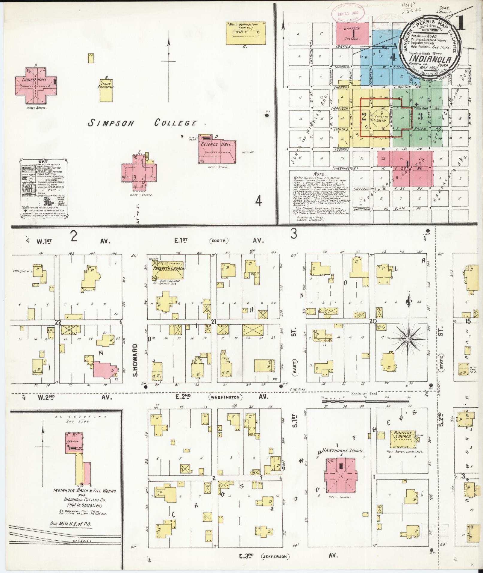 Sanborn Fire Insurance Map from Indianola, Warren County, Iowa (1899), Sheet #0001 - Historic Sanborn Fire Insurance Map Print, vintage old map wall art