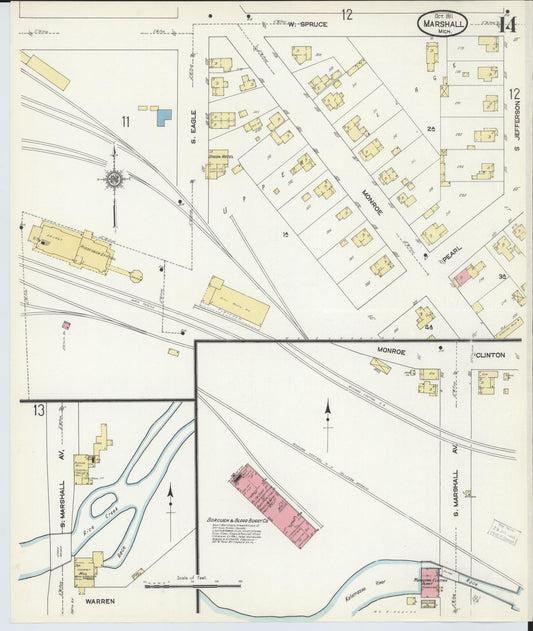 Sanborn Fire Insurance Map from Marshall, Calhoun County, Michigan (1911), Sheet #0014 - Historic Sanborn Fire Insurance Map Print, vintage old map wall art, antique decor, genealogy gift, Michigan Michigan map