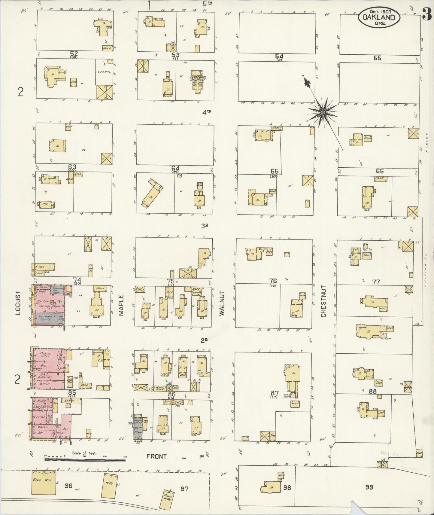 Sanborn Fire Insurance Map from Oakland, Douglas County, Oregon (1907), Sheet #0003 - Complete Map Set gallery image, historic Sanborn map, vintage wall art, Oregon Oregon