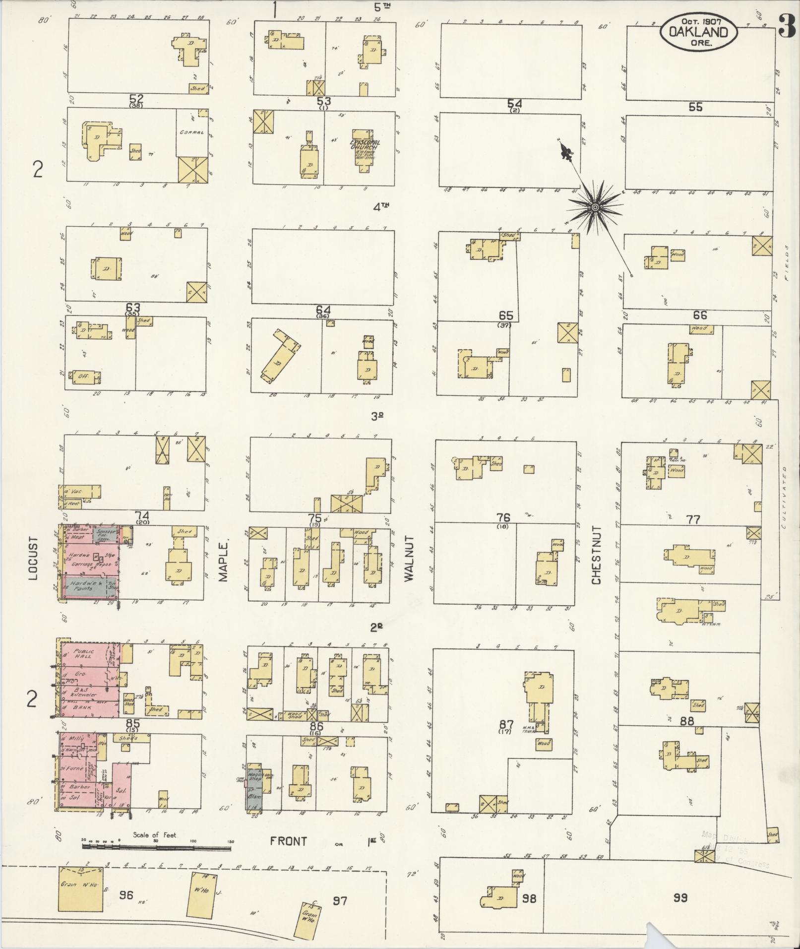 Sanborn Fire Insurance Map from Oakland, Douglas County, Oregon (1907), Sheet #0003 - Complete Map Set gallery image, historic Sanborn map, vintage wall art, Oregon Oregon