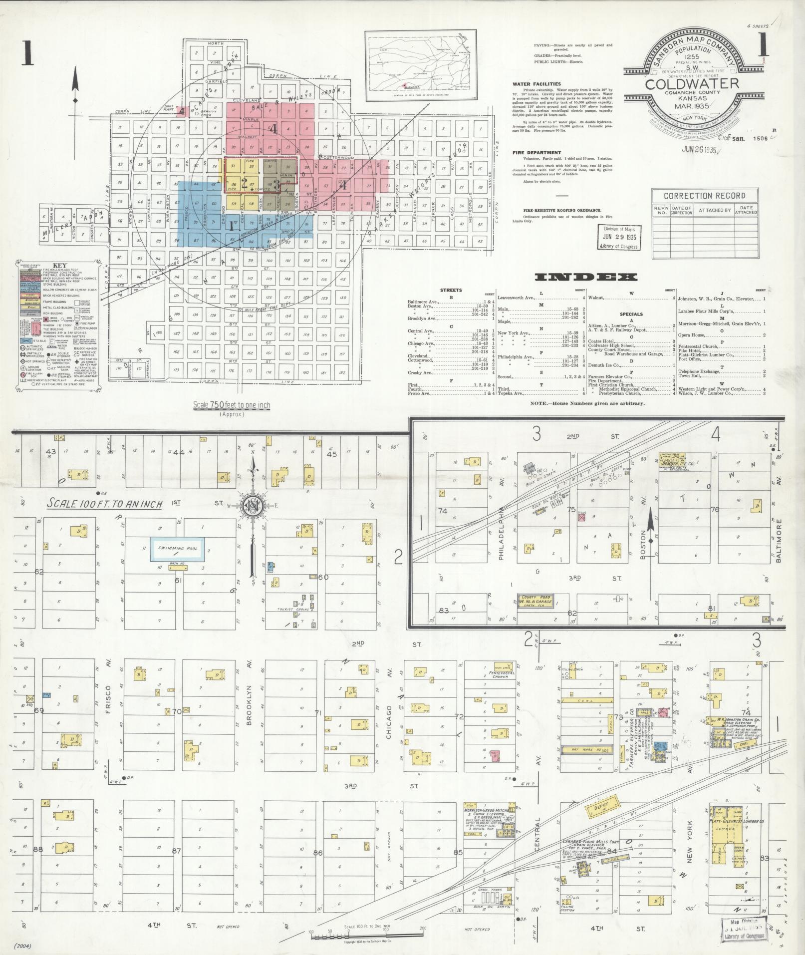 Sanborn Fire Insurance Map from Coldwater, Comanche County, Kansas (1935), Sheet #0001 - Historic Sanborn Fire Insurance Map Print, vintage old map wall art, antique decor, genealogy gift, Kansas Kansas map