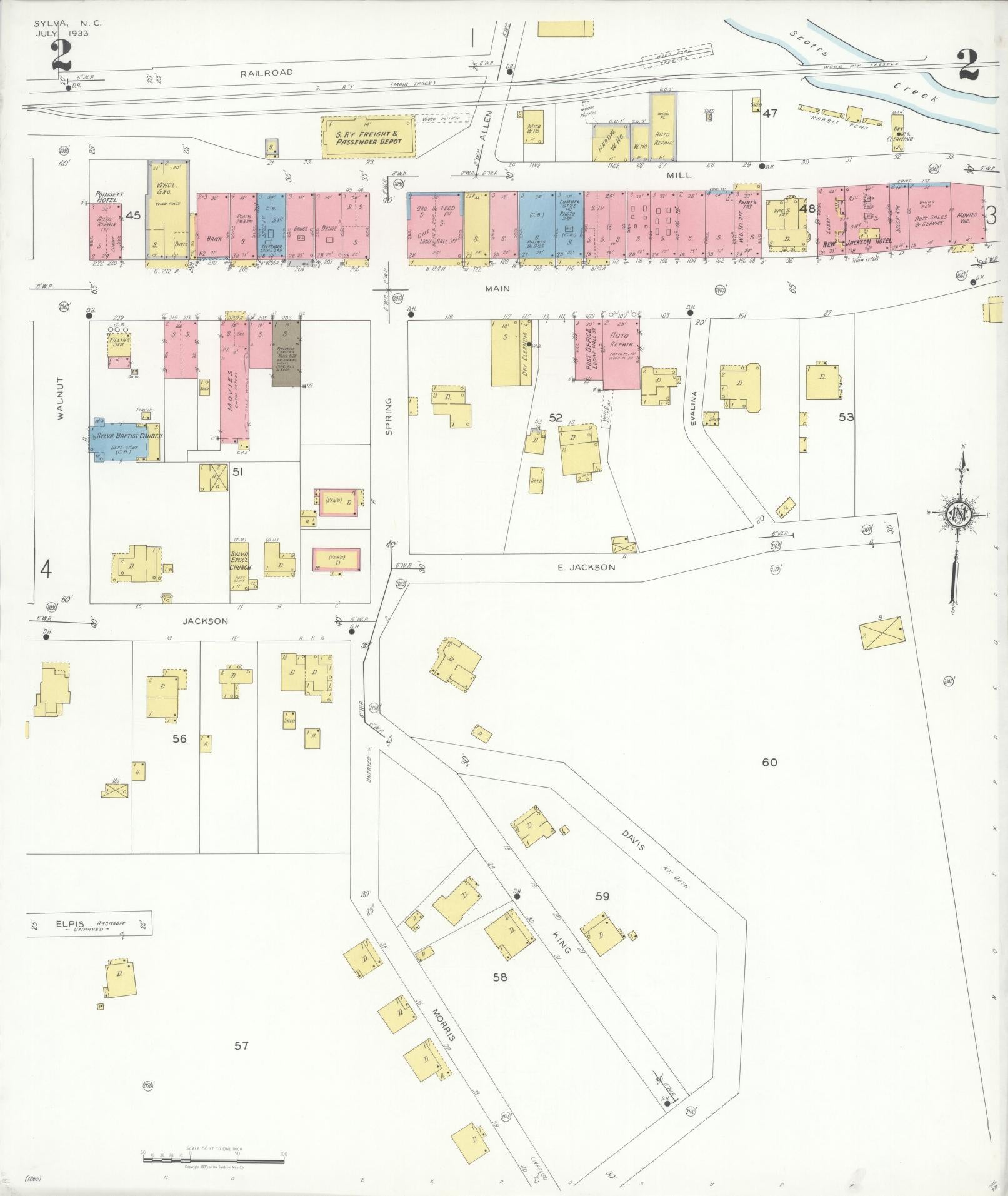 Sanborn Fire Insurance Map from Sylva, Jackson County, North Carolina (1933), Sheet #0002 - Complete Map Set gallery image, historic Sanborn map, vintage wall art, North Carolina North Carolina