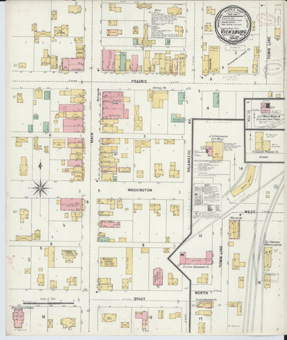 Sanborn Fire Insurance Map from Vicksburg, Kalamazoo County, Michigan (1899), Sheet #0001 - Historic Sanborn Fire Insurance Map Print, vintage old map wall art, antique decor, genealogy gift, Michigan Michigan map