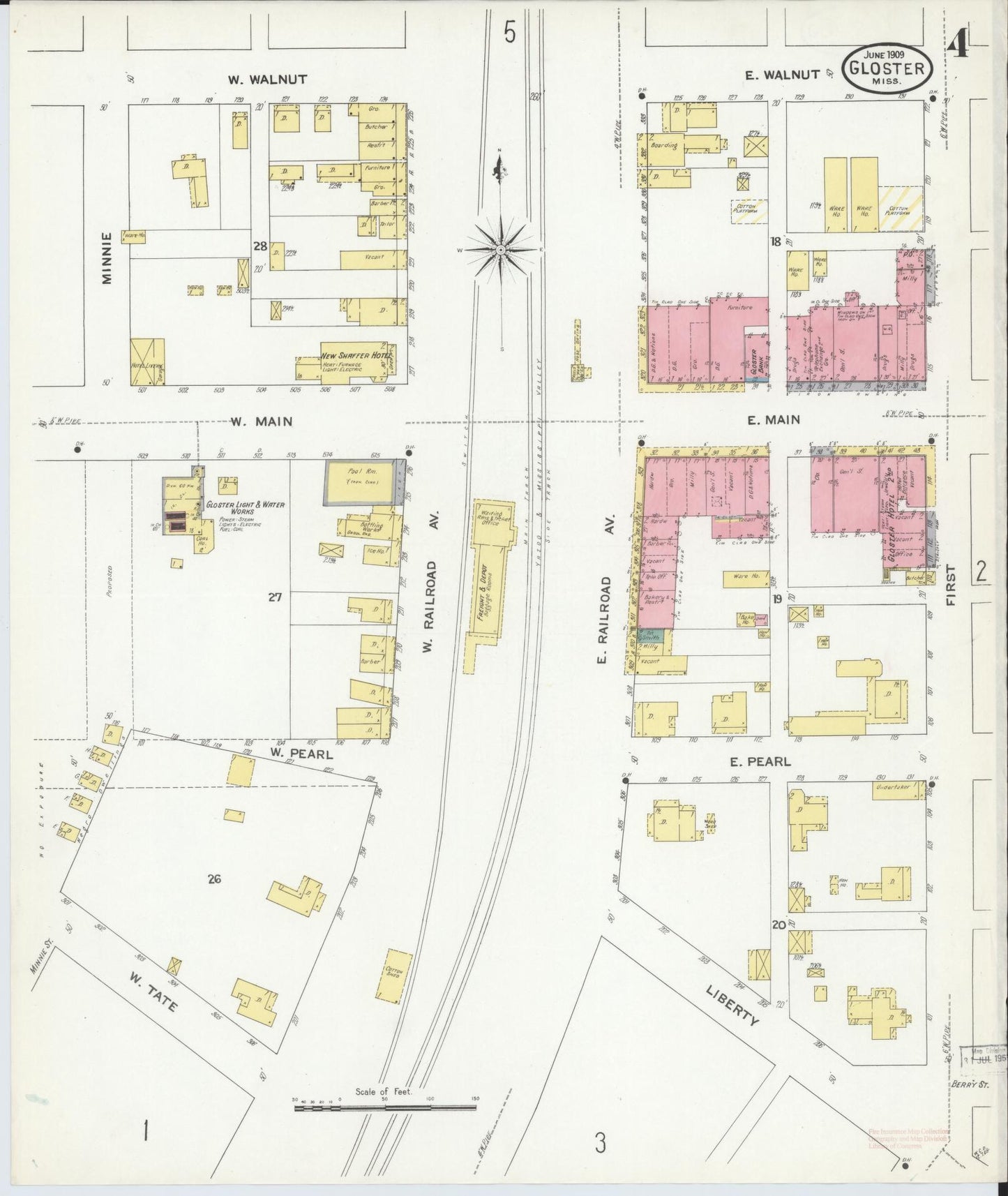 Sanborn Fire Insurance Map from Gloster, Amite County, Mississippi (1909), Sheet #0004 - Historic Sanborn Fire Insurance Map Print, vintage old map wall art, antique decor, genealogy gift, Mississippi Mississippi map